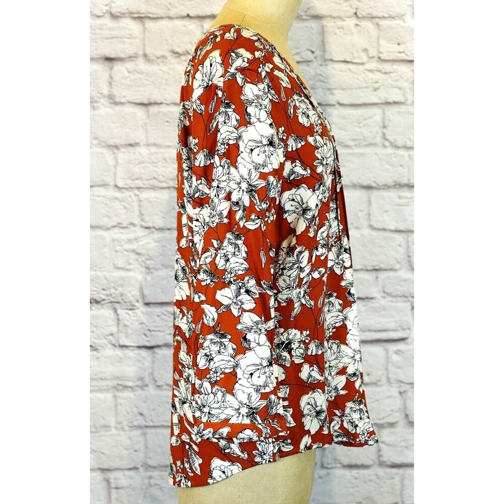 Maley Womens SMALL Top Pleated Detail V Neck Floral Shirt 3/4‎ Sleeve Rust White - Picture 9 of 12